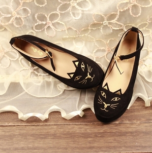  日本原单正品日系流行时尚松糕跟厚底猫咪鞋刺绣浅口平跟单鞋女鞋
