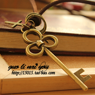  韩版男女款 新款十字架钥匙 牛皮绳长款项链毛衣链复古手工