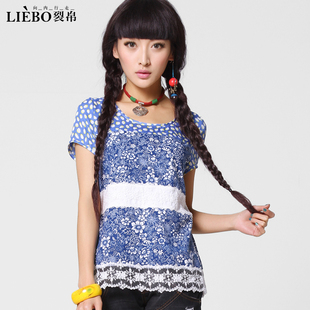  裂帛正品 夏季新款 蕾丝拼接直筒T恤 女 短袖32130028醉眼