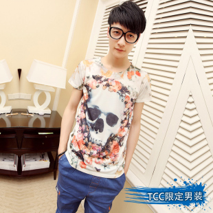  TCC 夏装款骷髅头水墨画印花男式TEE韩版修身型男士短袖T恤衫