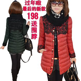  秋冬新款女装棉衣女中长款修身大码加厚外套蕾丝花边保暖棉服