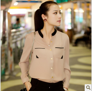 韩版撞色金扣小立领...