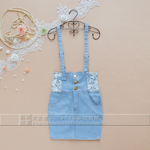  夏装女新款韩国名媛公主钩花蕾丝拼接高腰牛仔背带裙 短裙