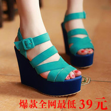 Japanese candy color genuine new heavy-bottomed high-heeled wedge sandals Roman sandals high heel sandals