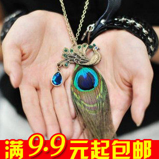 E4258 酷儿饰品厂批发 欧美复古孔雀羽毛满钻项链 毛衣链