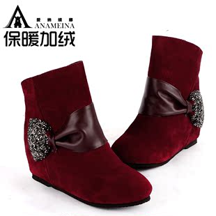  春季新款欧美内增高短靴 真皮女靴子 短筒靴 女鞋酒红色婚鞋