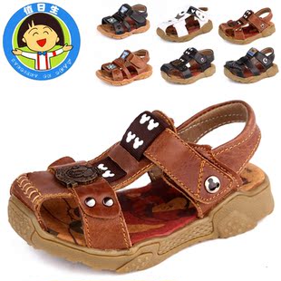  外贸尾单童鞋夏季新款真皮牛筋底男童凉鞋牛皮包头儿童沙滩鞋