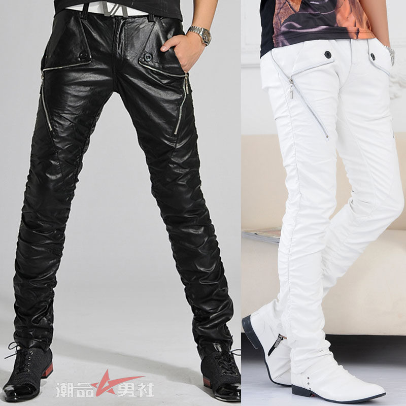 Trendy Korean men's leather pants stylish pants slim locomotive male scene hairstyle shows White leather pants