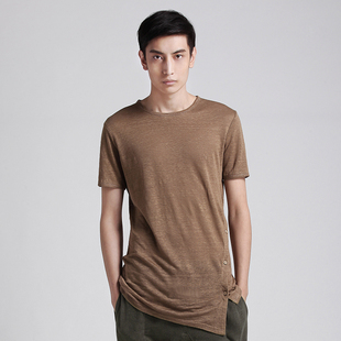 2013新款高级亚麻男士短袖T恤超透气 个性开衩设计