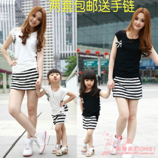  母女装夏装款条纹亲子套装纯棉休闲裙裤套装2件套 儿童运动装