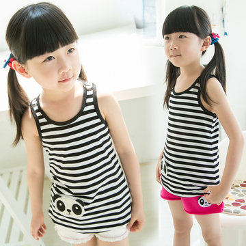 包邮童装2013夏季新款韩版条纹熊猫吊带背心女童莫代尔棉打底衫