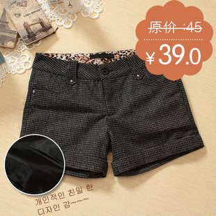  春季女装冬季新品韩版复古千鸟格中腰直筒型毛呢短裤靴裤 U4