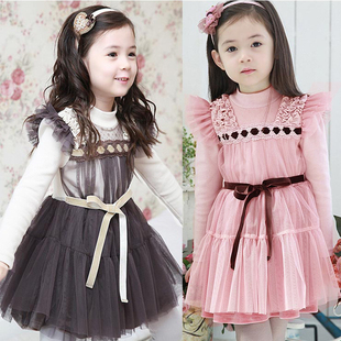  春装新款韩版女童装儿童网纱飞袖腰带拼接连衣裙公主裙QZ0075