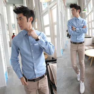  秋冬新款韩版修身时尚休闲男士长袖衬衫青少年时尚个性衬衣