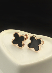  范冰冰梵克雅宝同款韩国18k黑色彩金玫瑰金耳环四叶草耳钉耳饰品