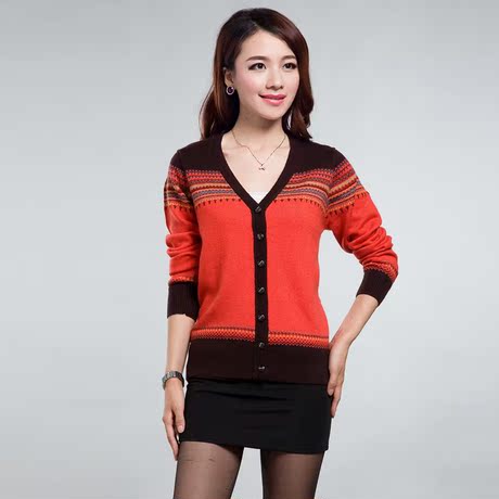 女士 民族式样 横条纹V领<em>羊绒开衫</em> 羊毛衫 打底
