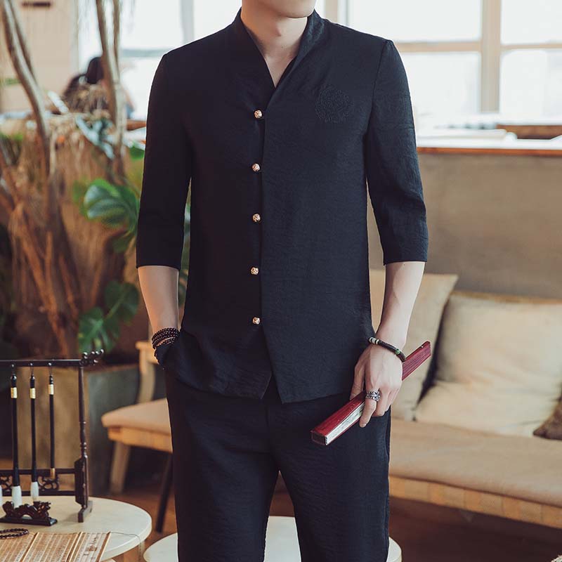 套装中国风男装中山古装服装青年民族复古风亚麻棉麻汉服夏季短袖|ruв категории Мужская одежда, национальная одежда - от Buy2taobao.com для оказания профессиональной услуги покупки агента Taobao