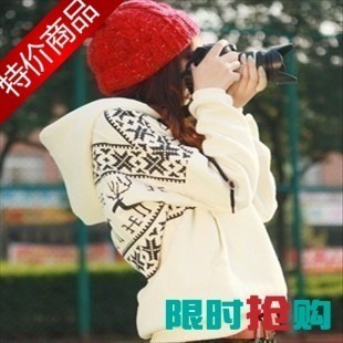  秋冬装韩版女装长袖连帽小鹿图案印花套头绒衫宽松保暖卫衣厚外套