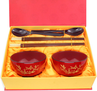  结婚礼物 送朋友新婚创意实用 婚庆礼品喜庆家居摆件木制漆器碗筷