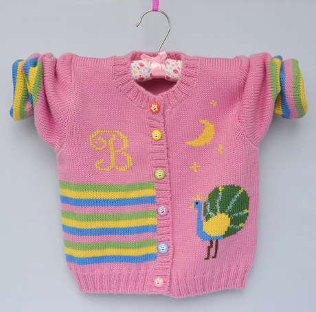 新款羊毛女宝宝毛衣<em>开衫</em> 孔雀<em>图案</em>女童毛线衫