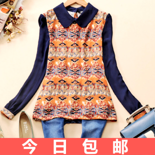  包邮 春装新款女装名族风印花长袖雪纺衬衫女韩版衬衣301C910