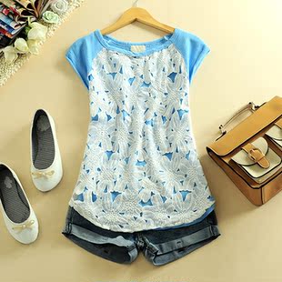  夏装新款潮流女装打底衫韩版镂空钩花蕾丝拼接短袖T恤女305T715丁