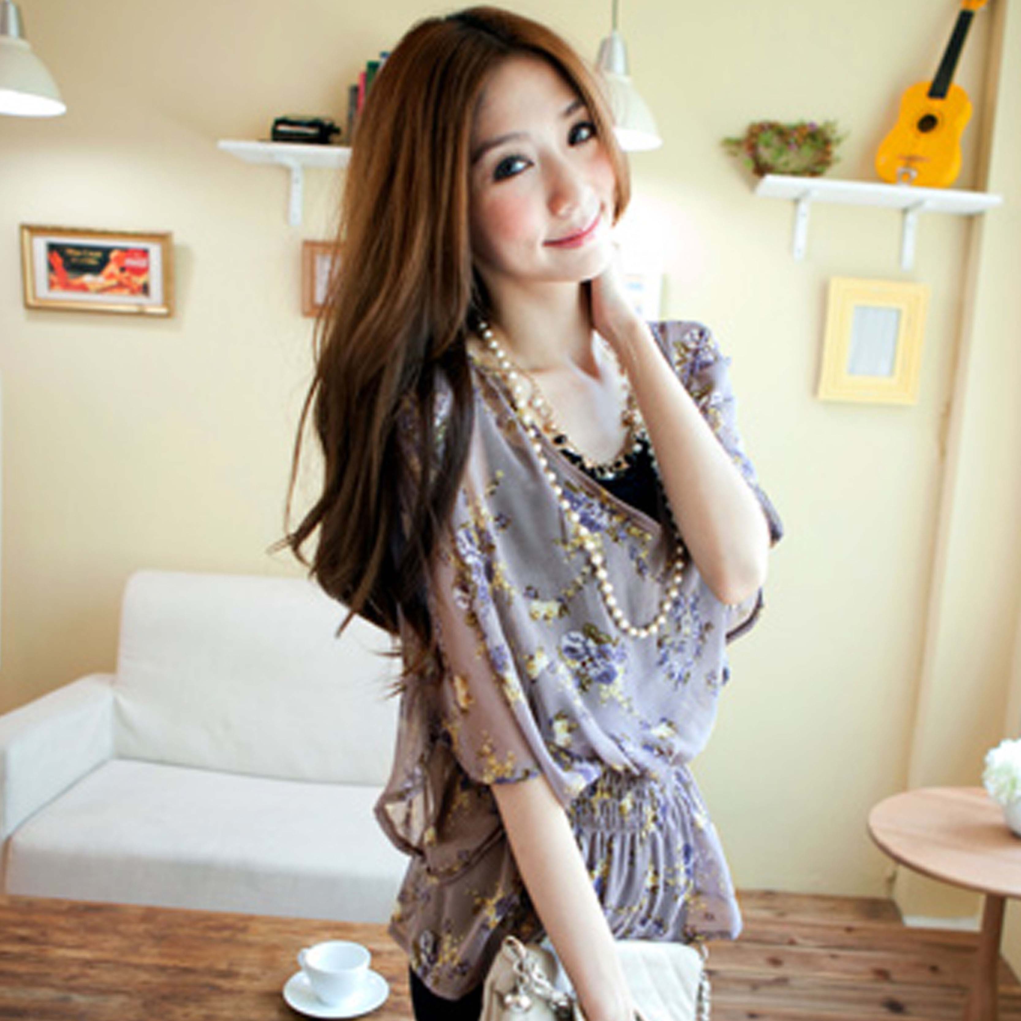 韩版宽袖印花雪纺...