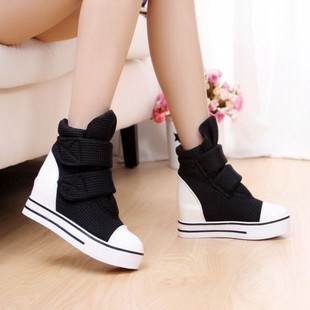  夏季网纱透气内增高魔术贴女骑士厚底松糕跟防水台女靴子女鞋潮靴