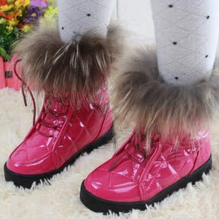  女童靴子 童靴冬款 韩版貉子毛漆亮皮儿童雪地靴女童棉鞋短靴