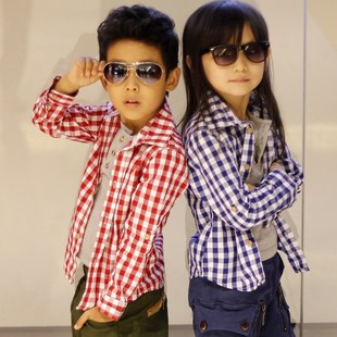  [5折] 春季新款儿童装男童女童 韩版修身英伦格子假两件衬衫