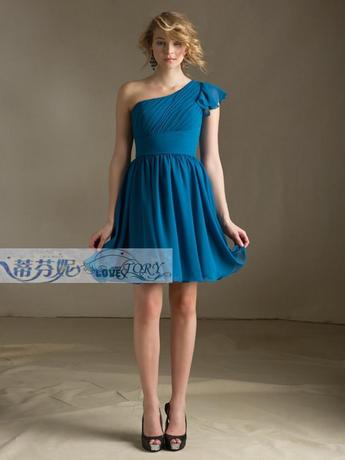 2014新款简约单肩荷叶袖短款礼服新娘服伴娘