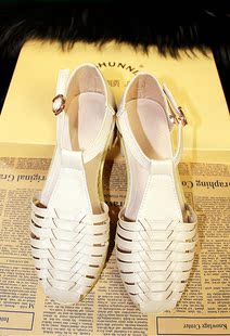  英伦学院风复古镂空编织包头女凉鞋 VIVI新款丁字T型低跟小皮鞋潮