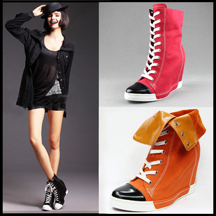  D&G欧美外贸单鞋时尚ASH两穿帆布真皮内增高系带坡跟高跟高帮女鞋