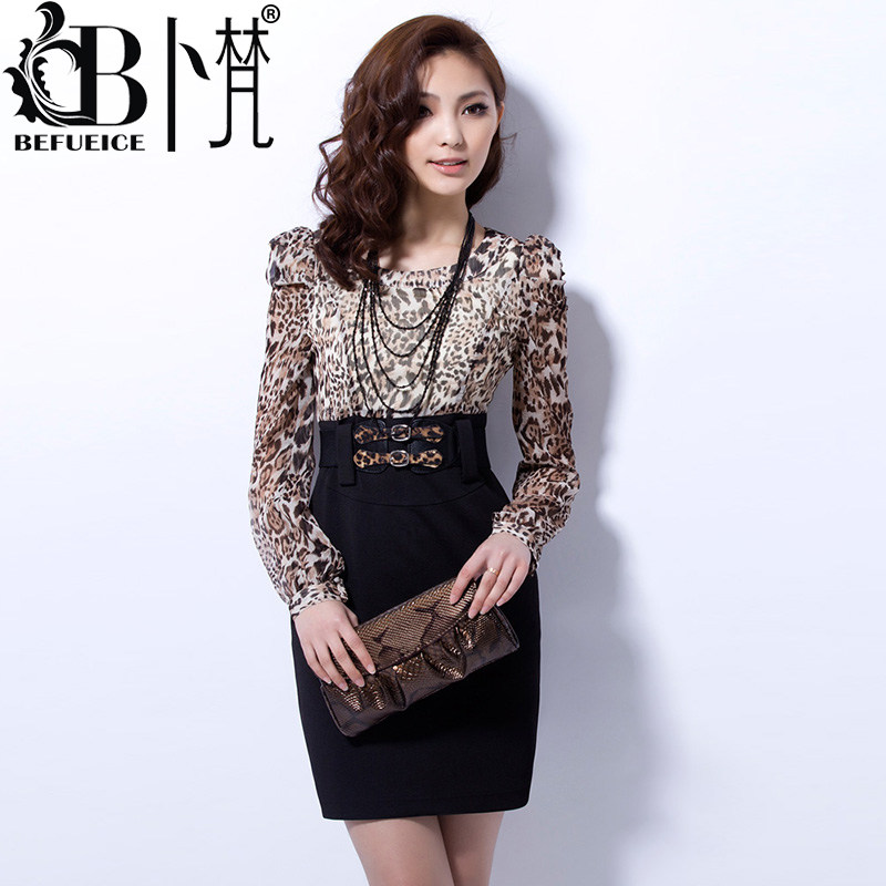 befueice2013春季连衣裙新款OL通勤淑女豹纹修身雪纺长袖QA3334