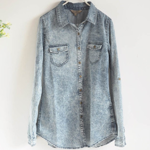  小清新 水洗棉牛仔衬衣 百搭修身浅色小翻领雪花牛仔衬衫 女 长袖