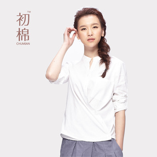  初棉 春新款修身裁剪棉麻小立领长袖休闲衬衫女款麻开衫