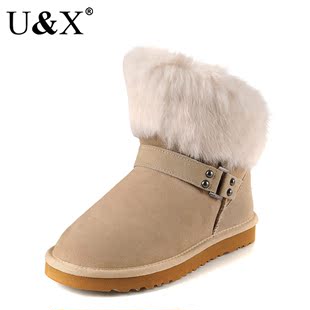  UX 犹爱斯正品 牛皮牛筋底 时尚流苏短靴子 冬女雪地靴 清仓特价