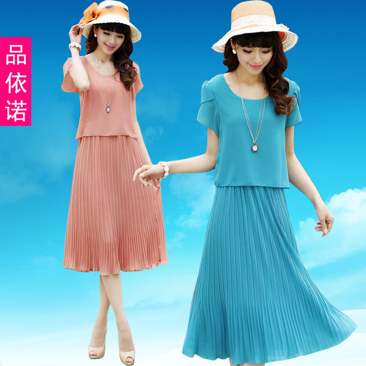 2013夏季新款品质女装韩版修身波西米亚百褶中长裙雪纺连衣裙子