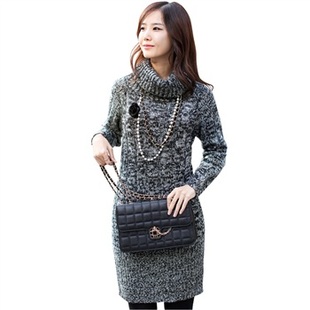  秋冬新款韩版宽松长款加厚高领毛衣外套女 打底衫打底毛衣裙