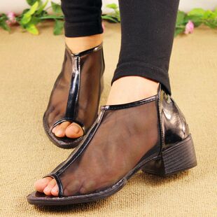  英伦复古风粗跟单鞋网面透气鱼嘴短凉鞋韩版新款女鞋子性感潮