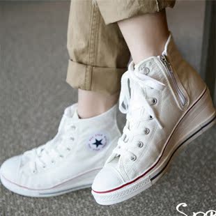 韩版新款女鞋坡跟帆布鞋厚底鞋休闲鞋高帮鞋拉链高跟女鞋