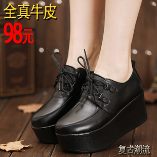  春款松糕鞋厚底鞋女鞋潮欧美英伦单鞋真皮系带高跟复古圆头鞋