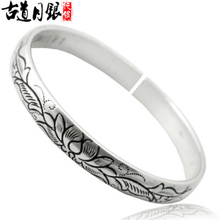  纯银手镯 99纯银 女款 老银匠手工银饰品 正品足银复古莲花银镯子