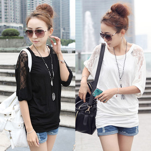  春夏新品新款女装韩版百搭宽松蝙蝠袖蕾丝拼接短袖T恤