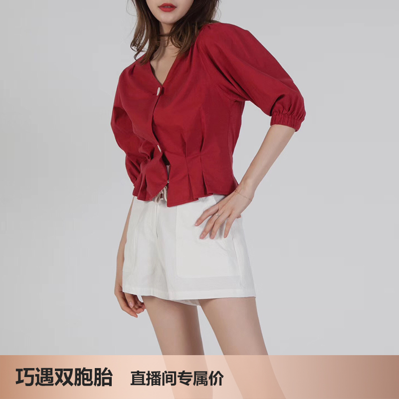 設計師款2019春夏文藝V領多腰褶亞麻混紡上衣在類目 女裝/女士精品, 襯衫中 - 來自Buy2taobao.com提供專業的淘寶代購服務
