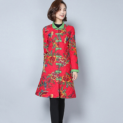 2017秋冬女装新款复古印花修身薄棉麻棉衣中式盘扣夹棉外套中长款