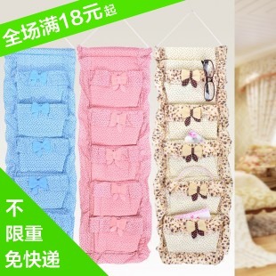  布艺五口挂袋 田园风格挂袋收纳袋 挂式储物整理袋 储物袋 杂物袋