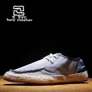  夏季新款帆布鞋男韩版潮鞋英伦迷彩草编布鞋休闲系带透气单鞋