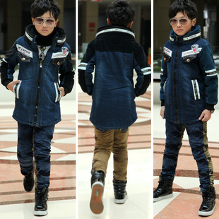  童装男童冬款中大童加厚加绒牛仔棉服儿童棉衣外套长款童棉袄