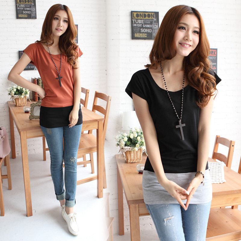 2013 Korean ladies summer dress new style t-bat t shirt short sleeve plus size spell color loose long base sweater